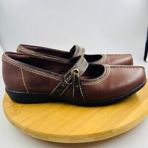 Clarks Mary Jane Brown Leather Comfort Flats Womens 9 Square Toe Haydn Maize